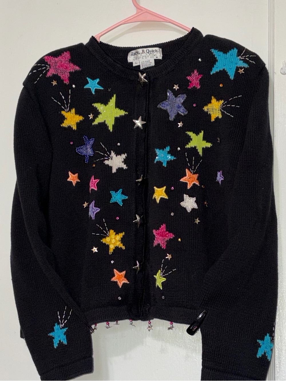 Jack B. Quick Large Vintage Black Star Button Sweater Embroidered Beaded Stars